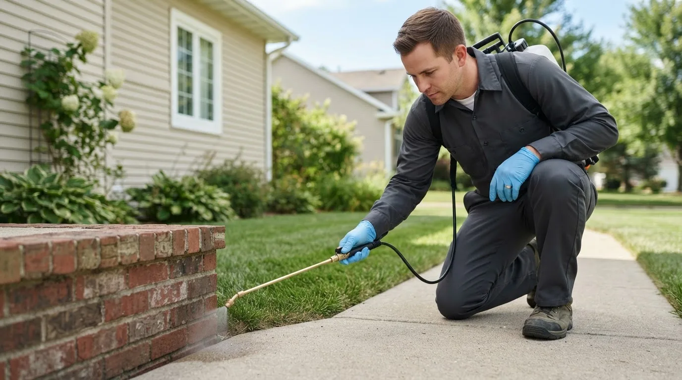 Pest control technician treating a home near Weslaco, TX