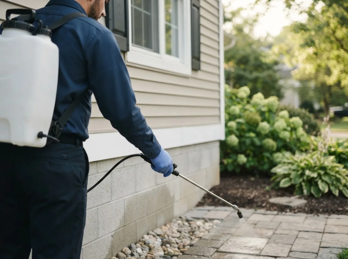 Pest control technician inspecting a home in Weslaco, TX
